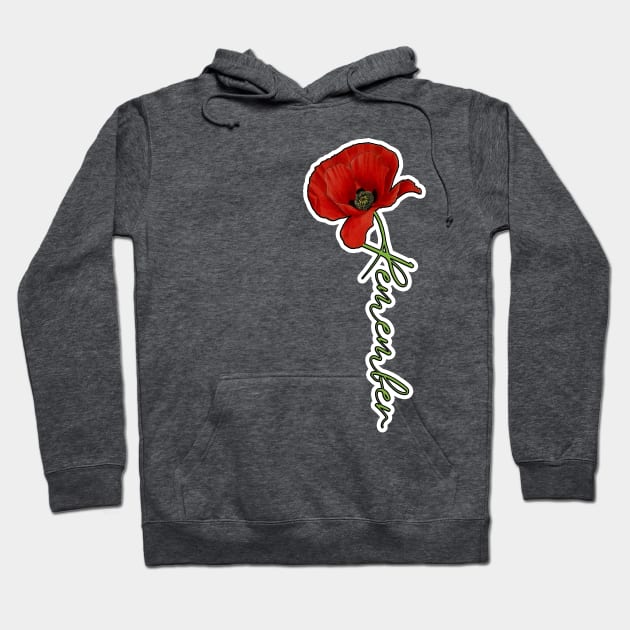 Red Poppy Flower with Memorial Text Stem Horizontal Back Version (MD23Mrl007c) Hoodie by Maikell Designs